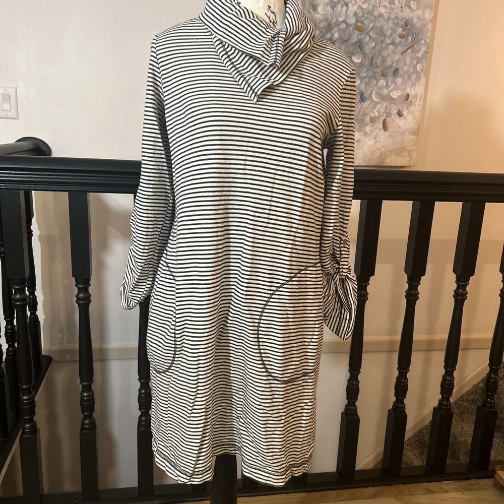 French Coastal Grandma Style Fever London Grey White Striped Cowl‎ Neck Dress Sm